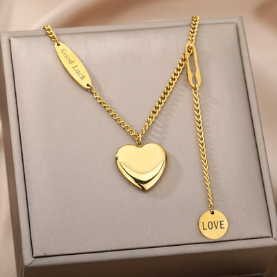 Women’s Layered Heart Pendant Necklace – Gold-Plated Stainless Steel Choker with Moon & Star Zircon Charms, Romantic Wedding Jewelry Gift
