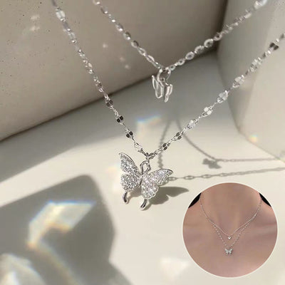 Women’s Double Butterfly Necklace – Gold-Plated Copper Pendant, Dainty Layered Chain, Romantic Animal Jewelry Gift for Anniversary or Engagement