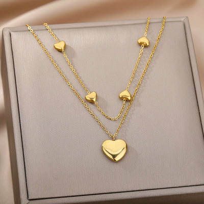 Women’s Layered Heart Pendant Necklace – Gold-Plated Stainless Steel Choker with Moon & Star Zircon Charms, Romantic Wedding Jewelry Gift