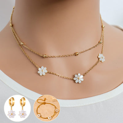 Gold Stainless Steel Daisy Flower Jewelry Set for Women – Double Layer Necklace & Earrings with White Shell Pendant – Elegant Layered Necklace Gift for Her